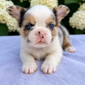 Cachorro Bulldog Francés fluffy merle tricolor de ojos azules